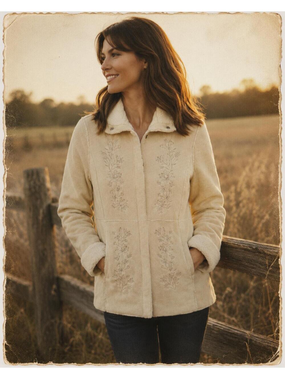 IZOD Sherpa Lined Embroidered Jacket Womens Cream Snap Front Coat Size Medium